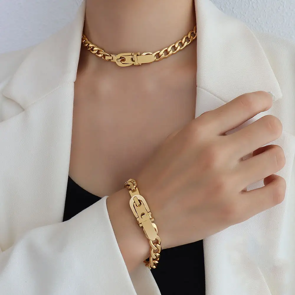 New Arrival Hip Hop 18k Gold Plated Stainless Steel Jewelry Set Cuban Chain Link Chain Bracelet Necklace For Women