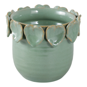 Vaso in Ceramica Rotondo con Bordo a Foglia per Uso Interno ed Esterno, Vaso per Fiori in Gres Verde, Arredo Moderno 8 Pollici - Product Image 3