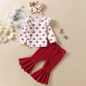 1-4Y Sweet Toddler Girl Valentines Day Outfit 3pcs Heart Printed Long Sleeve Pullover Tops+Flared Trousers Headband