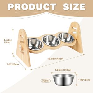 Hauteurs réglables Bol écologique pour animaux de compagnie Bols de nourriture pour chat en bambou surélevés avec 3 bols en acier inoxydable pour petits chiens - Product Image 5