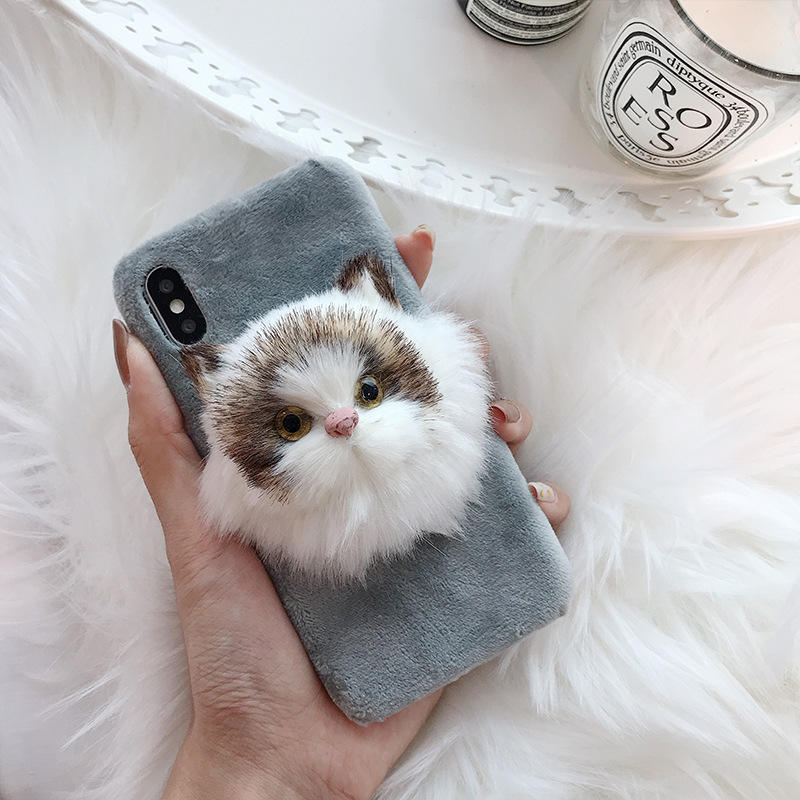 3D Stereoscopic Lifelike Cute Cat Phone Case Soft Fur Phone Cover for  iPhone Plus X XS MAX XR 11 12 13 14 Pro Max