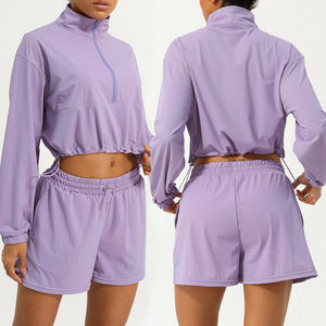 2025ジョギングウェアセットシャツショート2ピースセットクロップドトップ長袖スタンドカラーコートバイカー軽量ジャケットジム用ヨガセット - Product Image 1