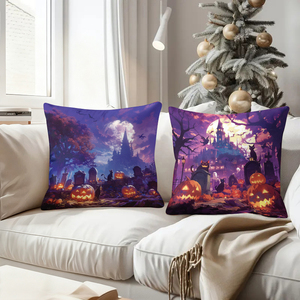 หมอนตกแต่งธีมฮาโลวีนที่มีปราสาท ฟักทอง และแมวในโทนสีม่วงและสีส้มสดใส - Product Image 4