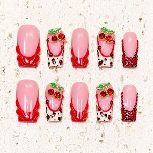 TSZS 10 <span class=keywords><strong>Uñas</strong></span> Postizas Francesas Blancas Hechas a Mano de Alta Calidad, <span class=keywords><strong>Uñas</strong></span> Artificiales Largas y Cuadradas con <span class=keywords><strong>Flores</strong></span> de Diamantes de Imitación <span class=keywords><strong>en</strong></span> 3D - Product Image 6