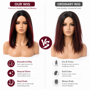 วิกผมสั้นตรงแบบปรับได้ ทนความร้อนสูง สำหรับผู้หญิง สีแดงเบอร์กันดี ดำ แสกกลาง ทำจากใยสังเคราะห์ ขายส่ง - Product Image 4