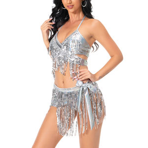 Ensemble bikini métallique 3 pièces, franges à paillettes rave, haut halter dos nu à nouer, jupe de fête à nœuds latéraux et culotte - Product Image 2