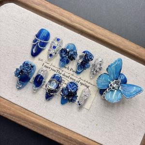 Uñas Postizas de <span class=keywords><strong>Mariposa</strong></span> Grandes de 11 Piezas Blue Monarch, Forma de Almendra, Uñas Postizas Premium Hechas a Mano para Venta al por Mayor - Product Image 1