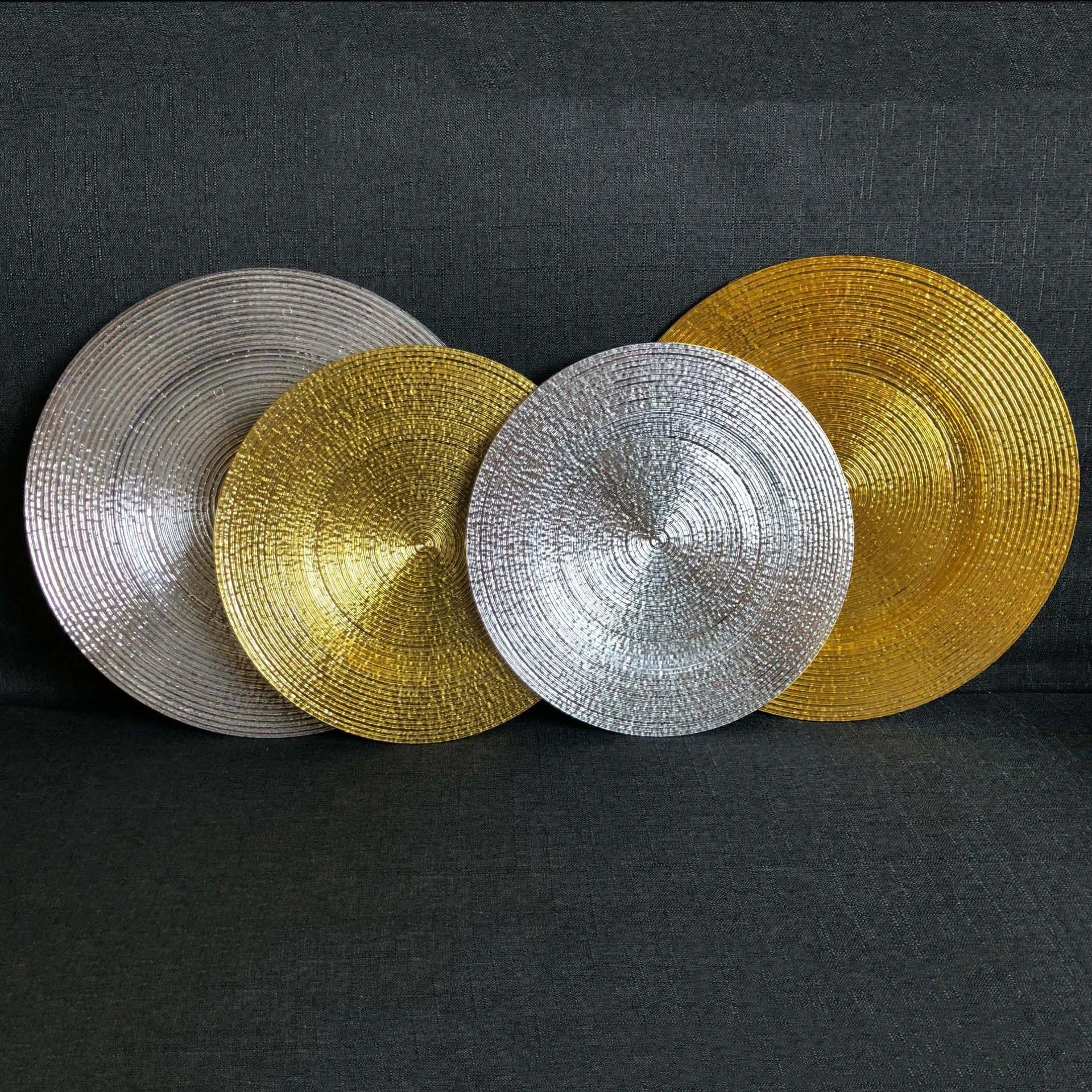 11/13" Luxury Elegance Gold Silver Transparent Reusable Record Pattern Plates Decorative Trays Fruit Dish Bowl Charger Plate