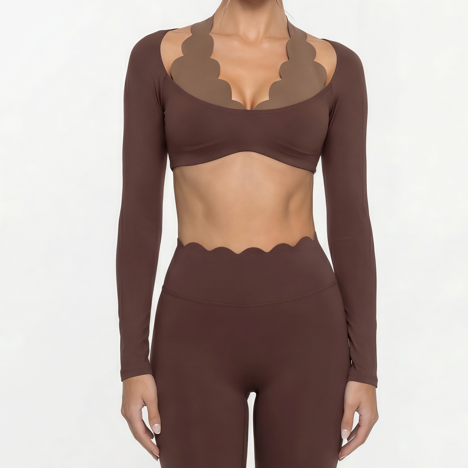 Ladies Halter Yoga Suit Contrast Color Long Sleeves Crop Top High Waist Pants Scallop Workout Active Wear Set