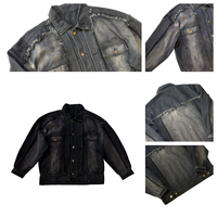 Jaket Denim Pria Streetwear Regular Musim Dingin Formal Vintage Hitam Efek Pudar Raw Frayed Splicing Panel Kancing Depan OEM ODM