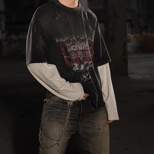 T-shirt à manches longues à deux panneaux, vintage, délavé, personnalisé, faible MOQ - Product Image 3