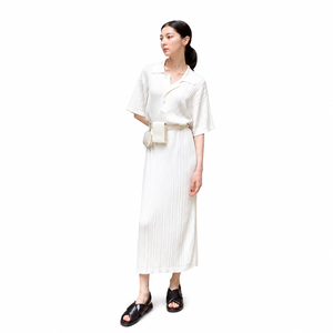 Hot Selling Elegant White Polo Collar Short Sleeve Vertical Rib Knit Midi <b>Dress</b> <b>Loose</b> Waist Tie Elegant Daily Women <b>Dress</b> - Product Image 1