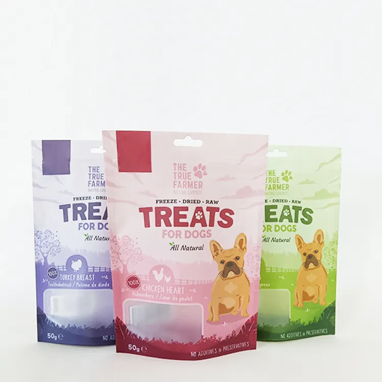 Bolsas con cierre de cremallera para comida y comida para perros con logotipo personalizado, bolsa de plástico con cremallera a prueba de olores, bolsa de pie con ventana transparente