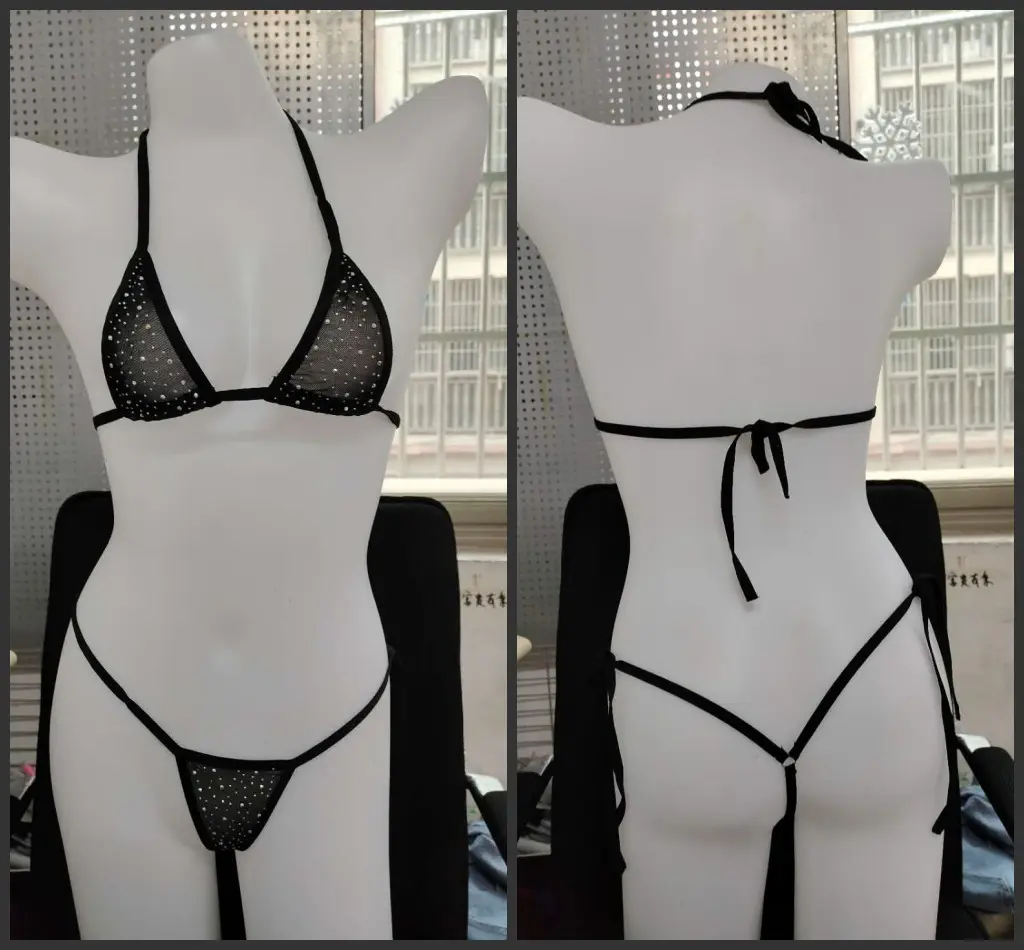 Halter Cổ Tự Tie Bra Top Thong Set Sexy Micro Mini Pha Lê Áo Tắm Phụ Nữ Erotic Đảng Rhinestone Bikini Hoang Dã Phong Cách Lưới Swi