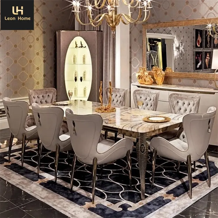 Unique design stainless steel leg artificial marble top dinner table dining room table set modern