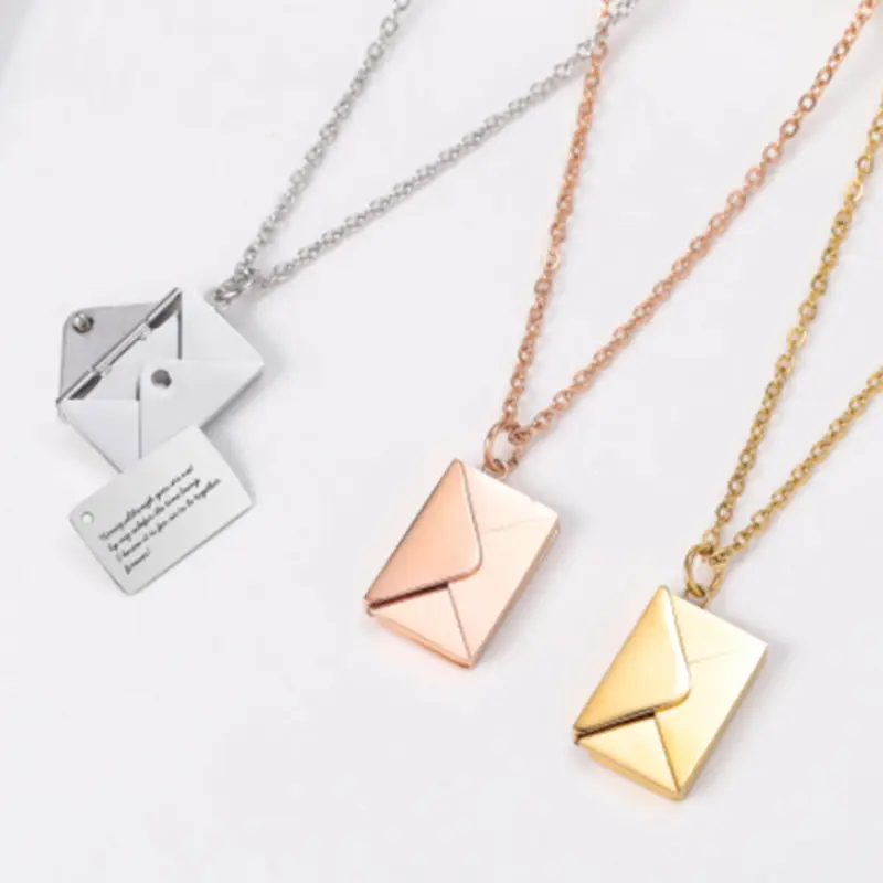 Write A Letter To Her,Real Gold Plated Steel Box Pendant Necklace Stainless Steel Envelope Necklace For Women