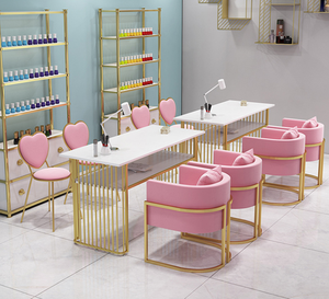 Contemporary <b>Pink</b> Nail Table With Marble Top And Gold Metal <b>Frame</b> For Manicure Salon Furniture - Product Image 4
