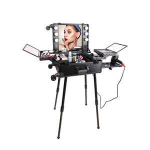 Factory Price Portable Trolley Salon <strong>Case</strong> 6 LED Light Free Standing Box With Stand Mirror Rolling Professional <strong>Barber</strong> <strong>Case</strong> - Product Image 2