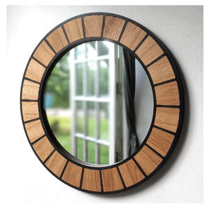 <span class=keywords><strong>Grand</strong></span> <span class=keywords><strong>miroir</strong></span> mural rond fabriqué à la main Décor rustique moderne avec des accents de chêne naturel Design Sunburst en bois pour le salon - Product Image 5