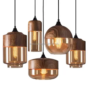 Modern Wood Glass Lamps Nordic Hotel Chandelier Modern Luxury Wood Glass Shade Hanging Chandelier Lamp For Restaurant