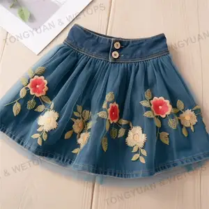 Skirt For Girls Clothes Blue Denim Skirt Short Casual Children Jeans Skirt For Teenagers Flower Mesh Kids Clothing 2023 Summer