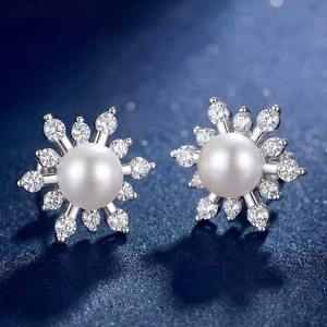 Pendientes de Perlas de Agua Dulce de Plata S925 con Halo de Diamantes CZ en Forma de Copo de Nieve, Joyería Elegante, Regalo para Mujeres y Niñas - Product Image 5