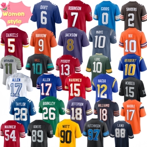 Groothandel Damesmode Volledig Geborduurd # 26 Barkley # 23 McCaffrey # 17 Allen # 15 Mahomes # 5 Daniels American Football-shirt - Product Image 1