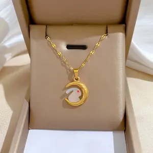 INS Collana Con Pendente A Forma Di Luna Stainless Steel Liontin Bulan Kalung Coniglio Putih Resin Kelinci Bulan Kalung