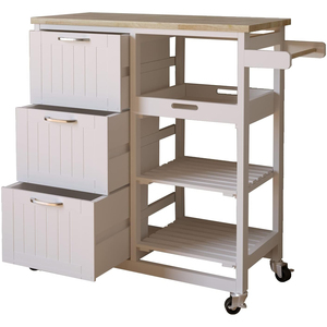 Chariot de cuisine avec support à 3 niveaux, chariots de service de cuisine, chariot de bar roulant, dessus en bois massif naturel avec tiroir de rangement à 3 niveaux - Product Image 2