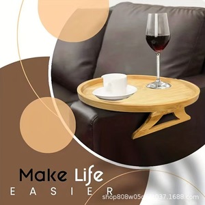 Bandeja de madera para reposabrazos, redonda, de madera maciza, para café y aperitivos, para sofá, uso doméstico, bandeja de almacenamiento ajustable - Product Image 2