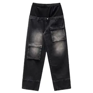 Sokak giyim kontrast poli üst bel panelli geniş bacak pantolon erkek maymun yıkanmış denim kot iki büyük 3D cepler kot