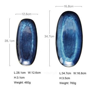 Blue Kiln Reactive Glaze Oval Sushi <b>Ceramic</b> <b>Plate</b> for Hotel Restaurant 12/14 Inch Dinner <b>Plate</b> Appetizer Serving Decorative Dish - Product Image 2