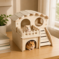 Maisonnette pour petits animaux en bois naturel, design à deux niveaux avec balcon, toit festonné, rampe courbe, montage facile, mobilier de cage pour hamster et gerbille