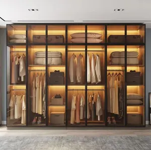 خزانات زجاجية حديثة فاخرة أثاث غرفة نوم وحدات خشبية تصميم مخصص المشي في خزانة الملابس