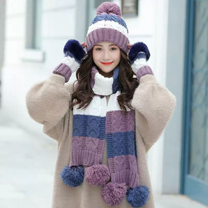 Chapeau d'hiver pour femmes, écharpe, gant 3 en 1 avec <span class=keywords><strong>pompon</strong></span>, <span class=keywords><strong>doublé</strong></span> <span class=keywords><strong>polaire</strong></span>, tricoté chaud, bonnets, écharpes, ensemble de gants - Product Image 3