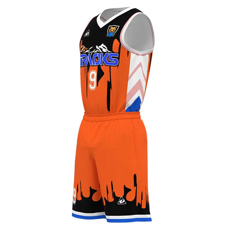 Harga Grosir Menyesuaikan Jersey Basket Jala Pria & Celana Pendek Desain Baru Warna Oranye Cetak Sublimasi Seragam Basket