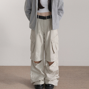 Pantalones Cargo de Pierna Ancha Desmontables de Estilo Urbano Americano para Mujer, de Color Sólido, Ajuste Holgado, Casuales - Product Image 2