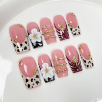Faux ongles de luxe 3D sirène à presser, carrés, faits main, avec queue de fleur bleue, incrustation de gemmes et ornement doré, réutilisables
