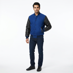 Custom Logo Embroidered Men's Varsity Jacket Knitted Shell <b>Stand</b> Collar Covered Button Closure Customized Fabric <b>Weight</b> - Product Image 1
