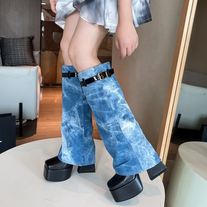 Large Size 46 Wide Fit Buckles Overlay Shoes Women High Block Heels Knee High Platform <b>Boots</b> Folded Over Denim Long Booties - Product Image 3