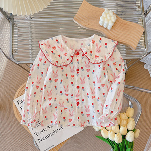 Nuove <span class=keywords><strong>Camicette</strong></span> alla Moda per Ragazze, Traspiranti, Stampate, a Maniche Lunghe, in Cotone, con Colletto a Bambola, Dolci, con Volant sul Fondo, Camicie Casual - Product Image 1