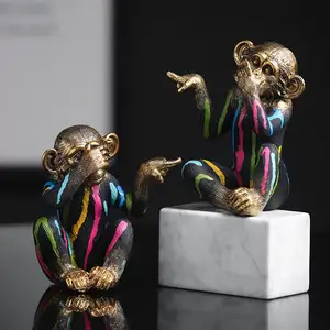 รูปปั้นลิง3ตัว,รูปปั้นเรซินสัตว์ทันสมัยสำหรับตกแต่งบ้านลายเส้นสีสันสดใสรูปปั้นตกแต่งคริสต์มาสสามตัวปี2022