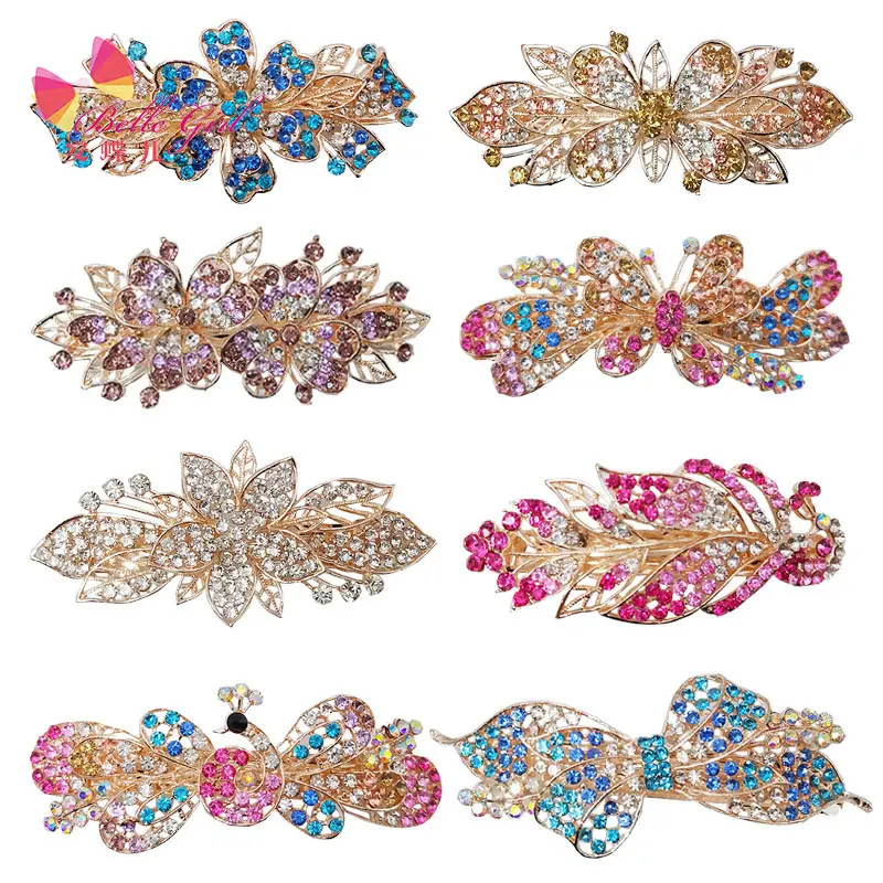 BELLEWORLD Tùy Chỉnh Bao Bì Tóc Phụ Kiện Bán Buôn Hàn Quốc Phụ Nữ Hợp Kim Rhinestone Mạ Vàng Bow Mùa Xuân Tóc Clip