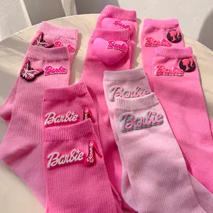 Koreas Dongdaemun Pink Princess Mid-calf Cotton Socks Diamond Crew Mid-Tube Socks for Women Sweat Absorption Shiny Socks