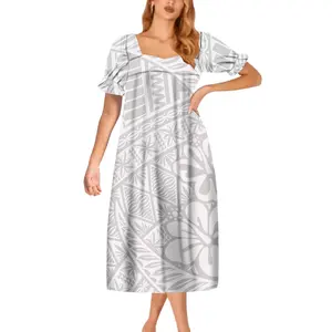 Latest Design Puff Sleeve Tapa Print Fashion Hawaii Custom Ladies Mumu Dress Polynesian Samoan Vintage White Island Prom Dress
