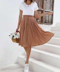 <span class=keywords><strong>Jupe</strong></span> midi plissée taille haute en mousseline de soie marron avec volants et cordon de serrage pour <span class=keywords><strong>femme</strong></span> – Élégante, décontractée, idéale pour le quotidien et les vacances - Product Image 4