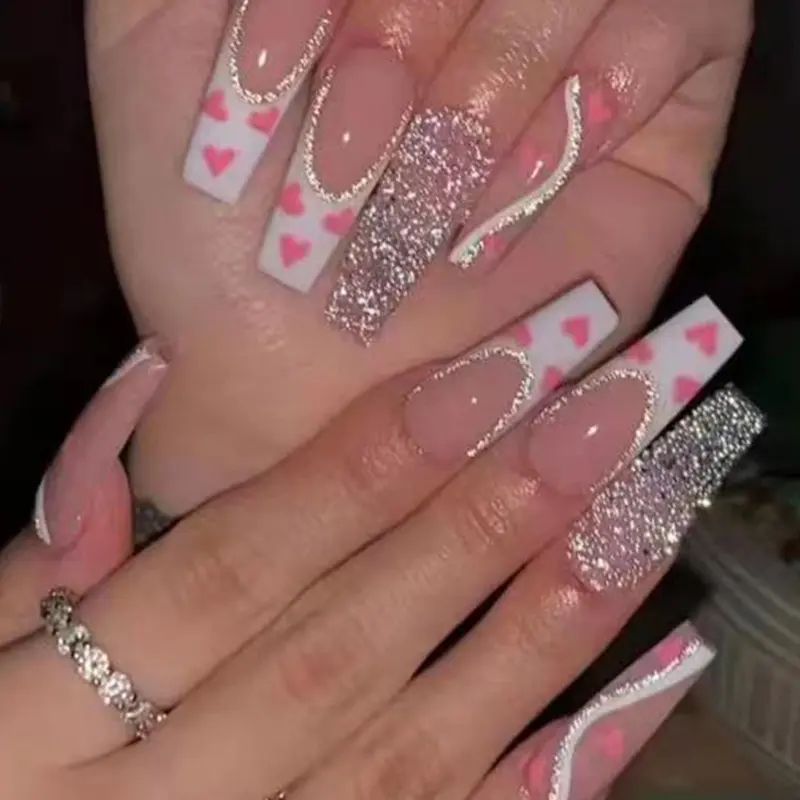 New Fashion Nails Arts Full Cover French silver glitter Bright false nails coffin Press On Nails Art False Extension Tips