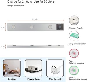 Không Dây Có Thể Sạc Lại Dưới Tủ Quần Áo Kệ Ngăn Kéo Truy Cập Tủ Dẫn Chiếu Sáng Cho Nhà Bếp LED Phát Hiện Chuyển Động Cảm Biến Ánh Sáng Thanh - Product Image 5