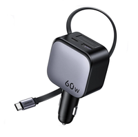 UGREEN pengisi daya mobil USB C 60W portabel, dengan kabel yang dapat ditarik 3 Port, adaptor pemantik rokok cepat untuk iPhone earbud