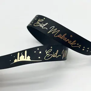 E-Magic decoration Eid Mubarak ribbon Ramadan Mubarak black satin ribbon with gold foil print for Muslim party decoration